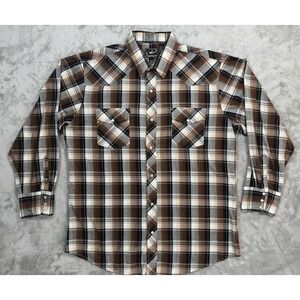 Roper Shirt Mens XL Brown Plaid Western Pearl Snap Chest Pockets Long Sleeve